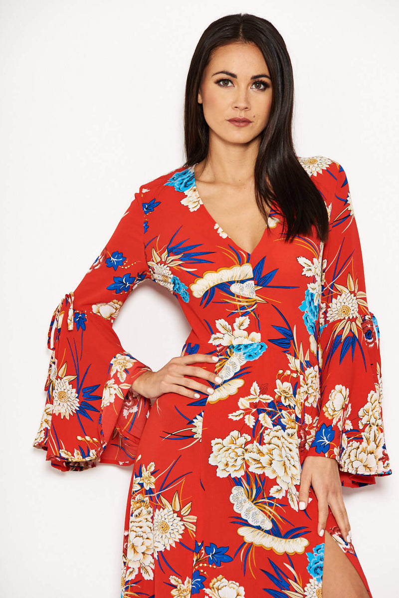 Red Floral Print Dress With Leg Split