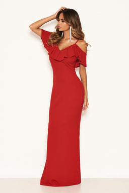 Red Frill Cold Shoulder Maxi Dress