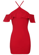 Red Halterneck Frill Bodycon Dress