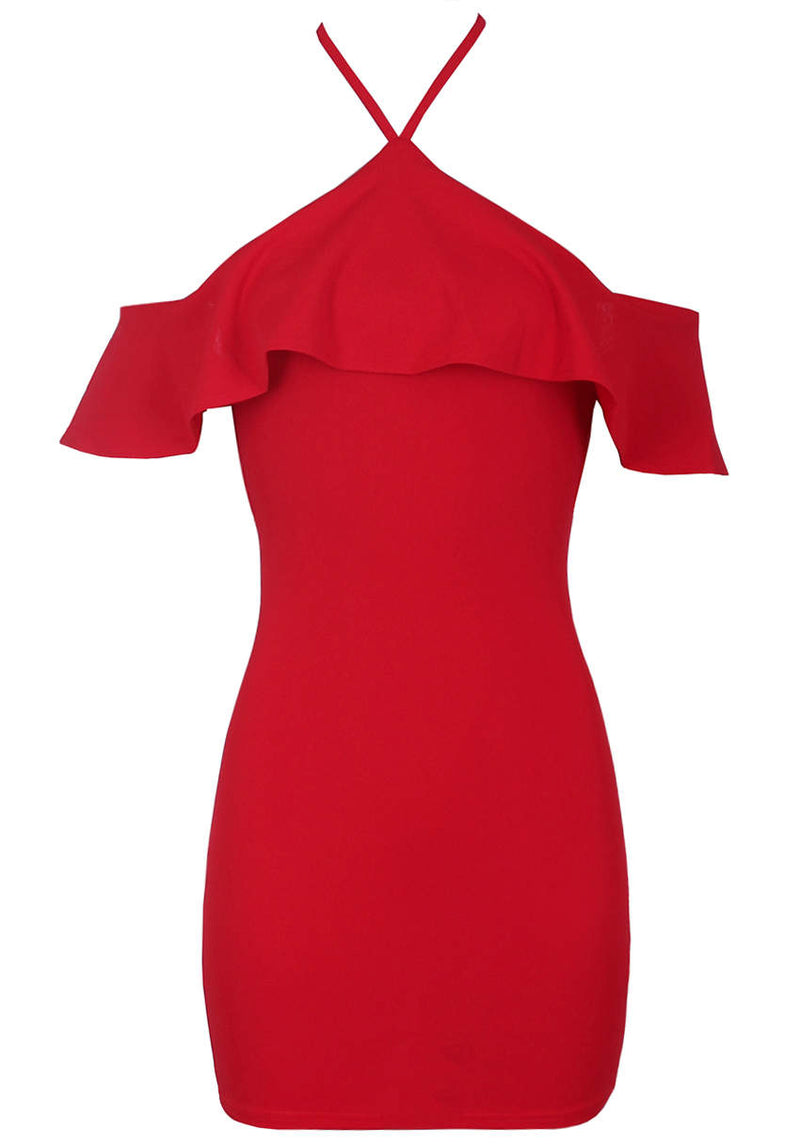 Red Halterneck Frill Bodycon Dress