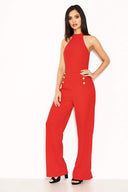 Red Halterneck Jumpsuit With Military Buttons
