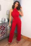 Red Halterneck Jumpsuit With Military Buttons