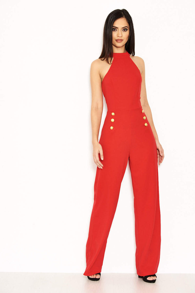 Red Halterneck Jumpsuit With Military Buttons