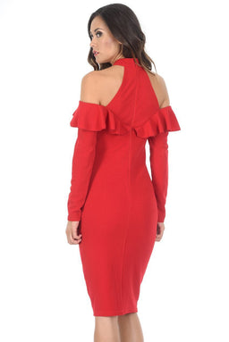 Red High Neck Cold Shoulder Long Sleeved Midi Dress