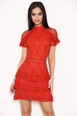 Red High Neck Lace Layer Frill Mini Dress