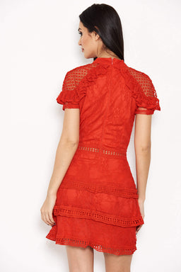 Red High Neck Lace Layer Frill Mini Dress
