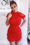 Red High Neck Lace Layer Frill Mini Dress