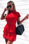 Red High Neck Lace Layer Frill Mini Dress