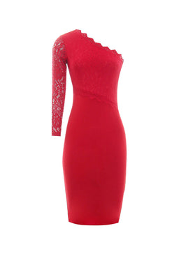 Red Lace Detail Asymmetric Midi Dress