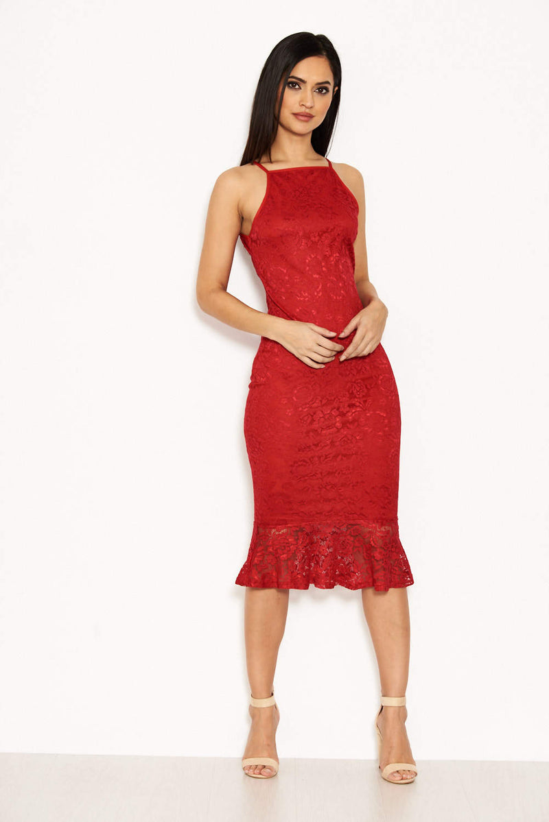 Red Lace Fishtail Midi Dress