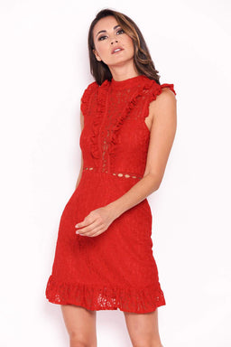 Red Lace Frill Detail Dress