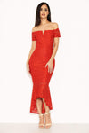 Red Lace Notch Front Detail Midi Dress