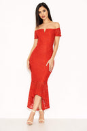 Red Lace Notch Front Detail Midi Dress