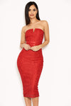 Red Lace Notch Front Midi Dress