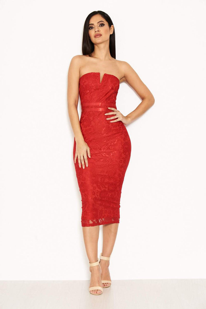 Red Lace Notch Front Midi Dress