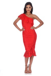 Red Bodycon Frill One Shoulder Midi Dress