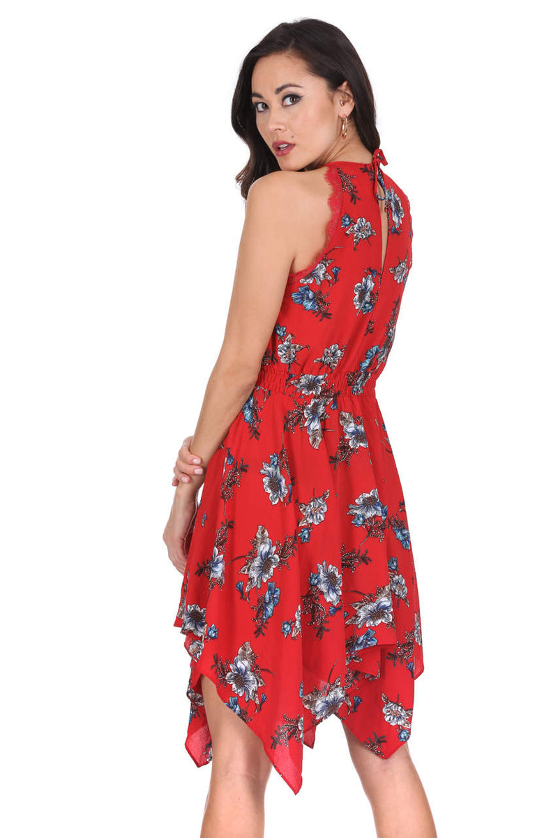 Red Large Floral Print Swing Dress