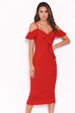 Red Midi Dress With Frill Detail