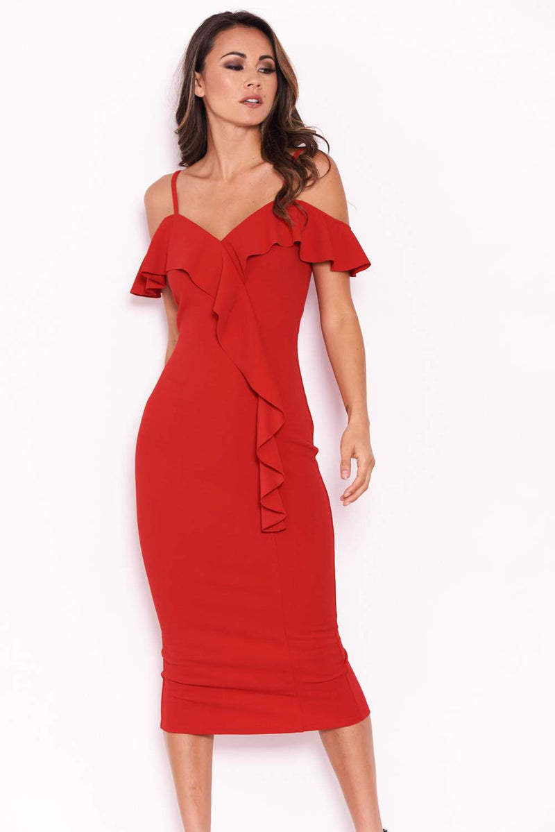 Red Midi Dress With Frill Detail