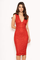 Red Midi Dress With Lace Contrast Front