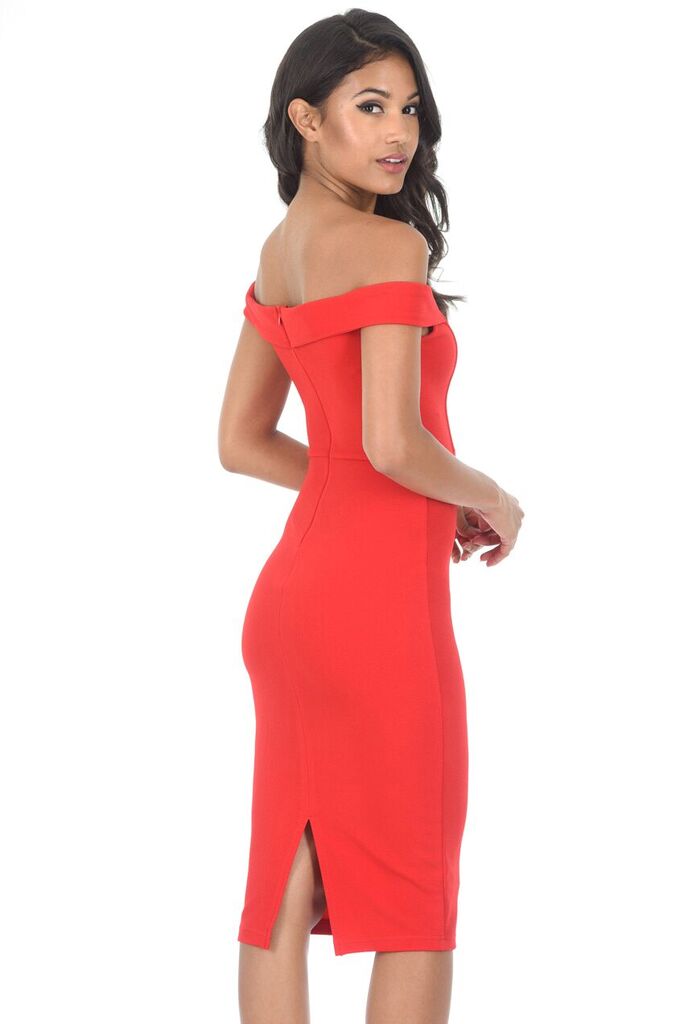 Red Off The Shoulder Cut Out Midi Dress