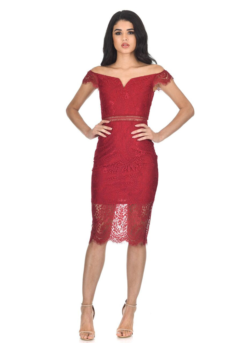 Red Off The Shoulder Lace Bodycon Dress