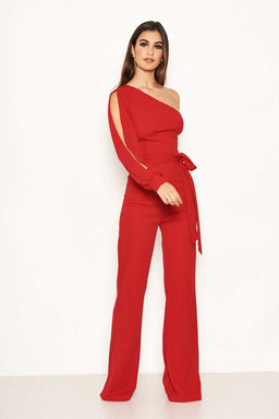 Red One Shoulder Split Sleeve Jumpsuit