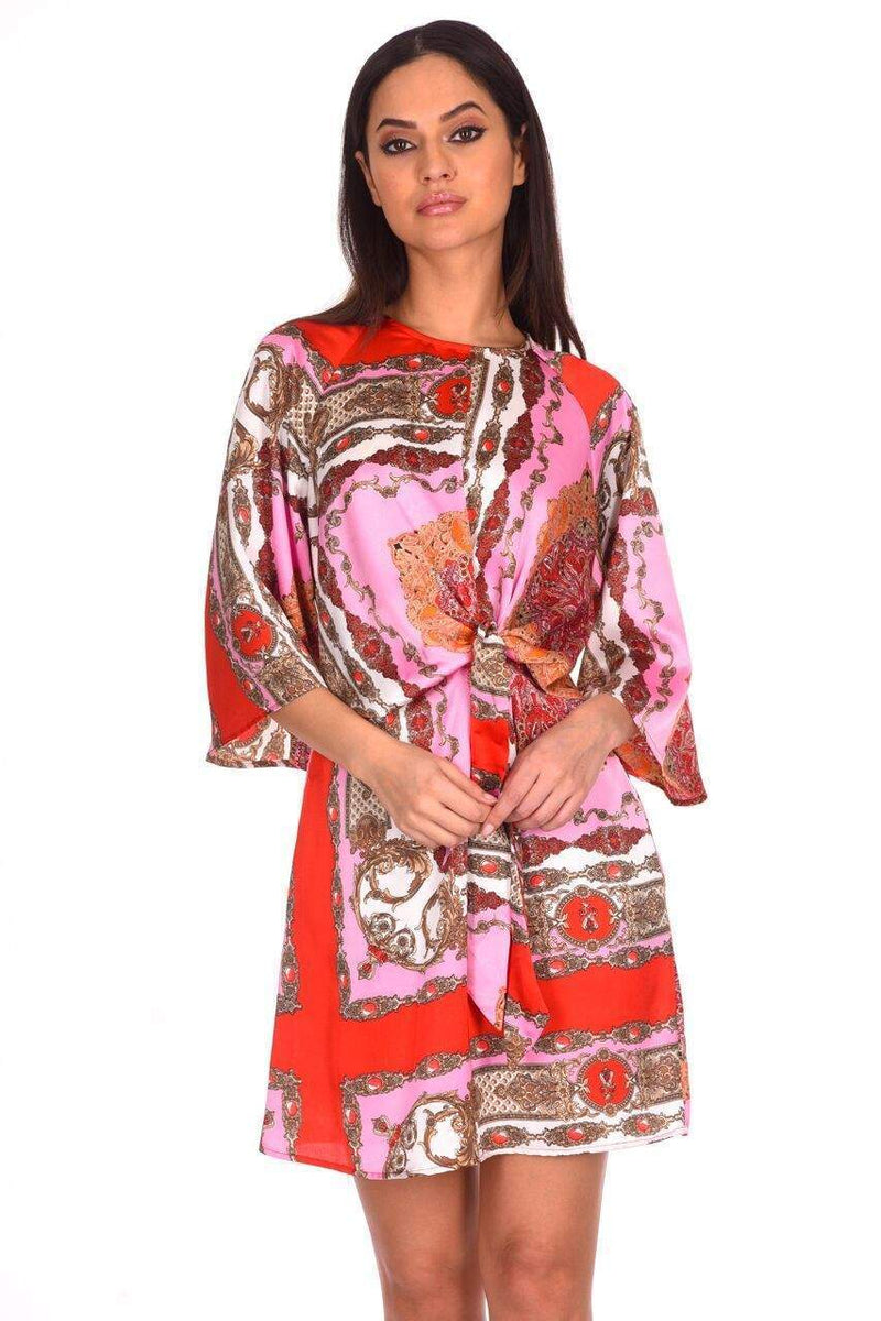 Red Patterned Silk Tie Front Shift Dress