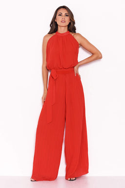Red Pleated Choker Neck Jumpsuit