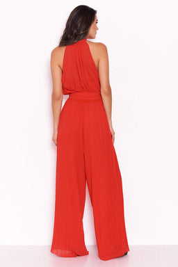 Red Pleated Choker Neck Jumpsuit