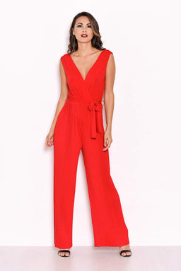 Red Pleated Tie-Waist Jumpsuit