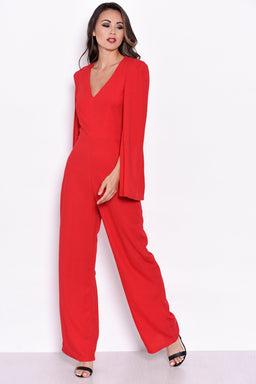 Red Plunge Wide Leg Jumpsuit