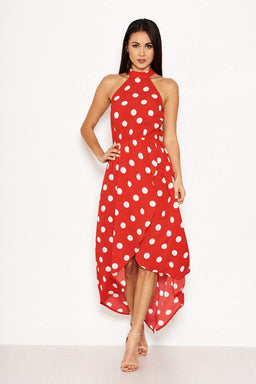 Red Polka Dot High Neck Wrap Dress