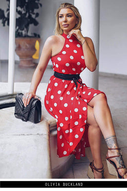 Red Polka Dot High Neck Wrap Dress