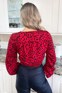 Red Printed Front Knot Crop Top
