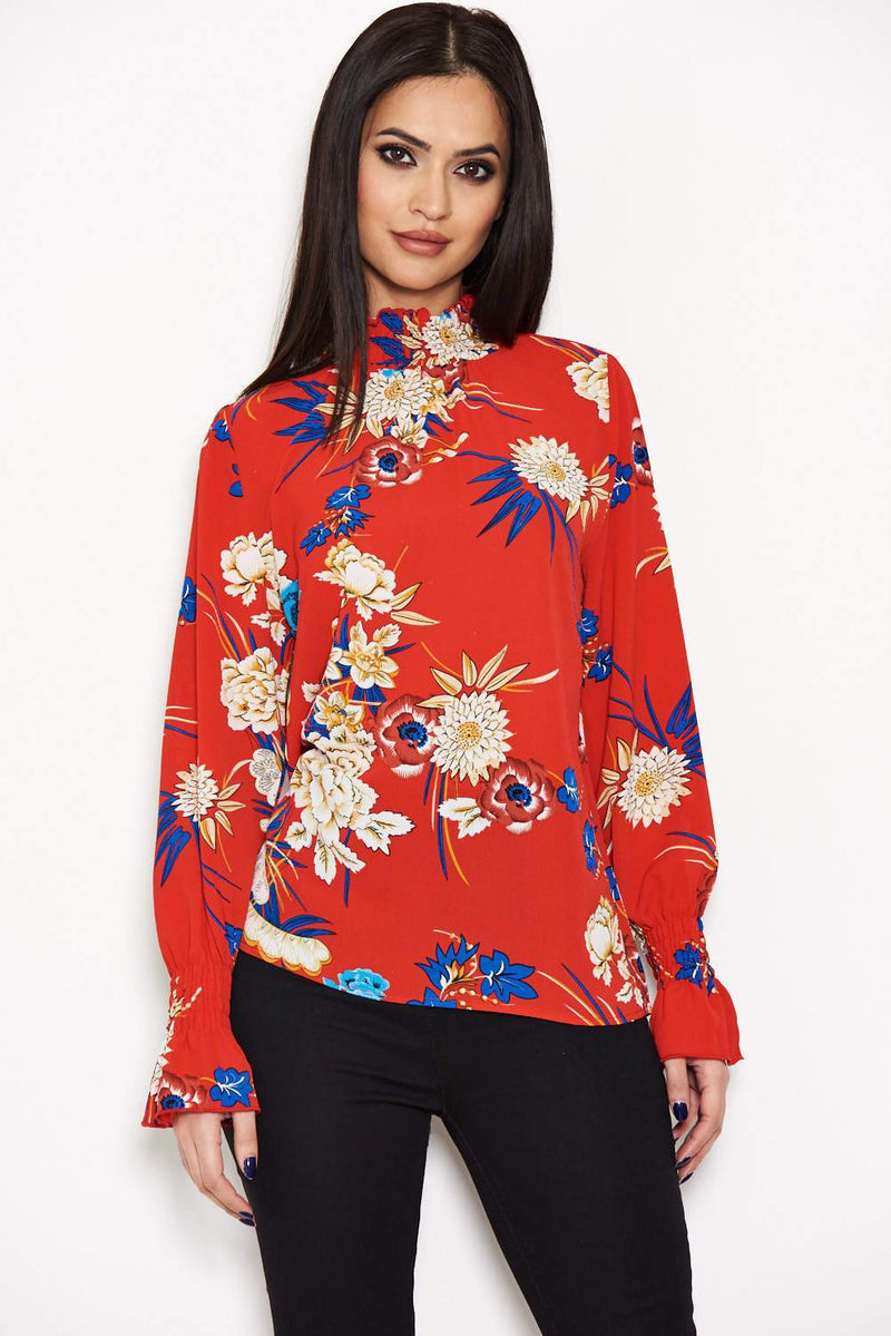 Red Printed High Neck Top