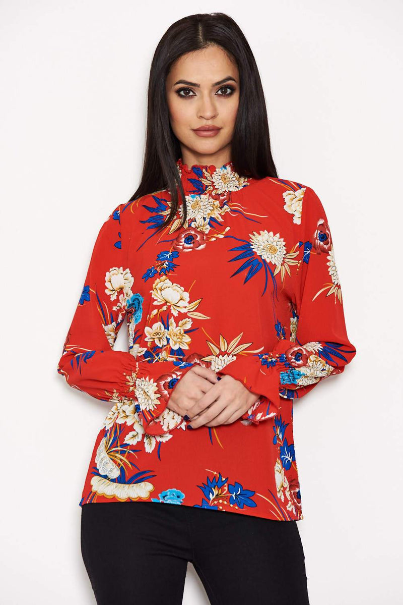Red Printed High Neck Top