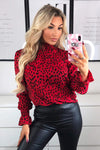 Red Printed Ruffle High Neck Top