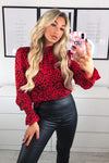 Red Printed Ruffle High Neck Top