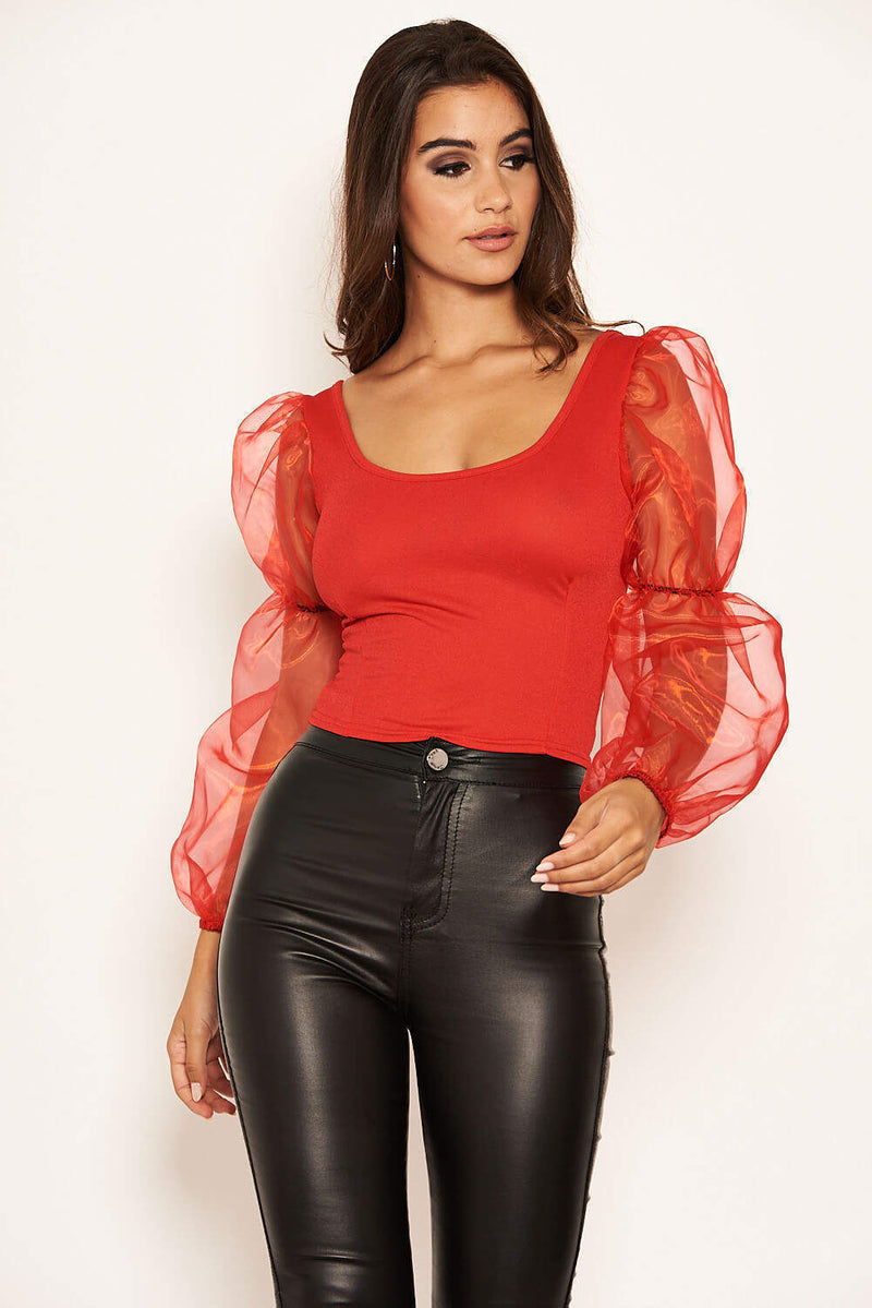 Red Puff Sleeve Crop Top