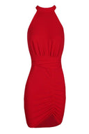 Red Ruched Backless Choker Neck Dress