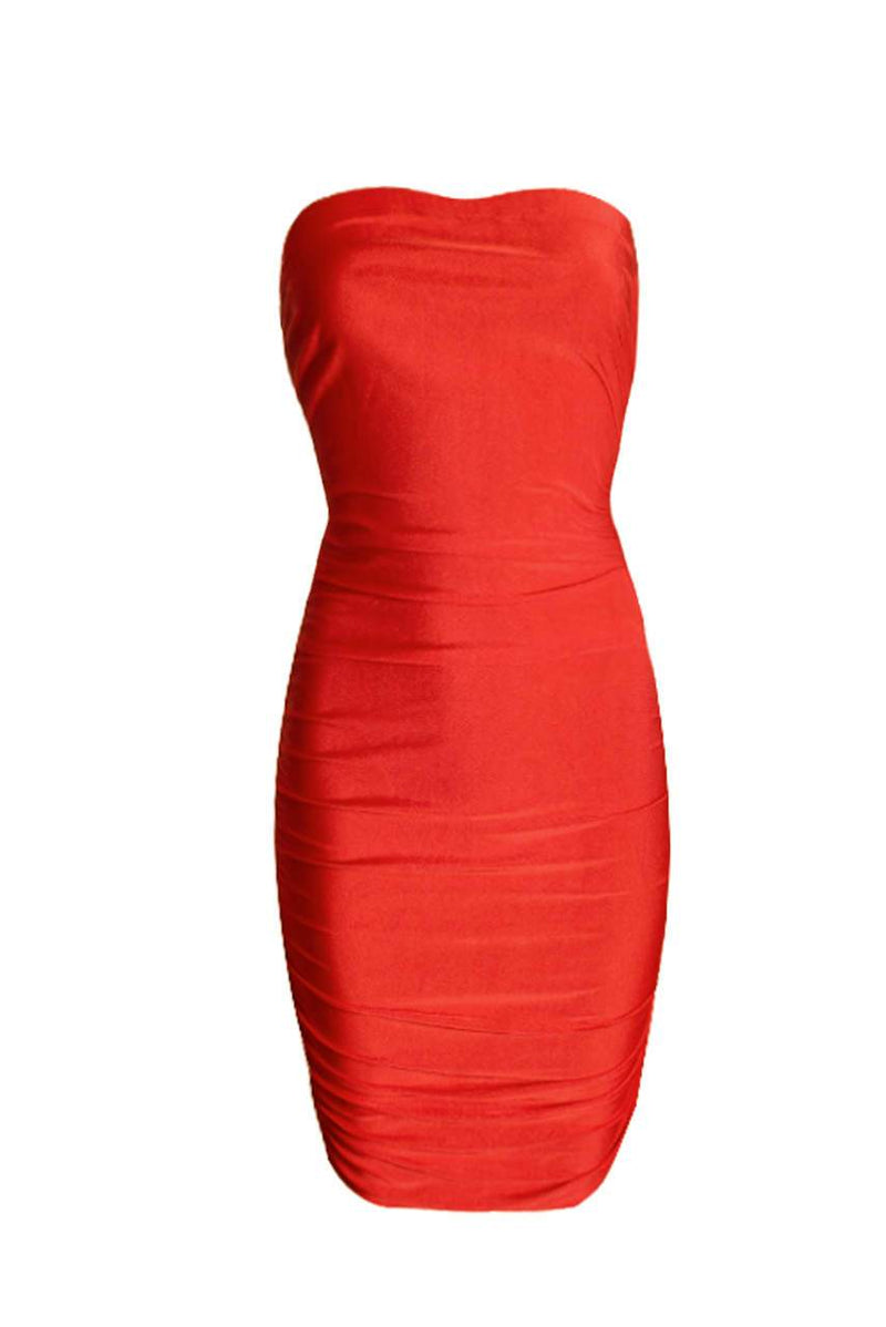 Red Ruched Bandeau Dress