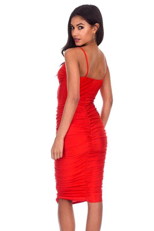 Red Ruched Midi Dress