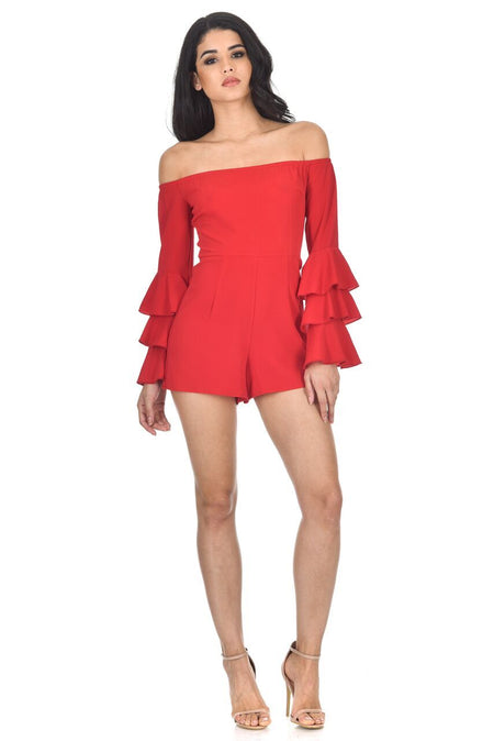 Red Ruffle Sleeve Playsuit