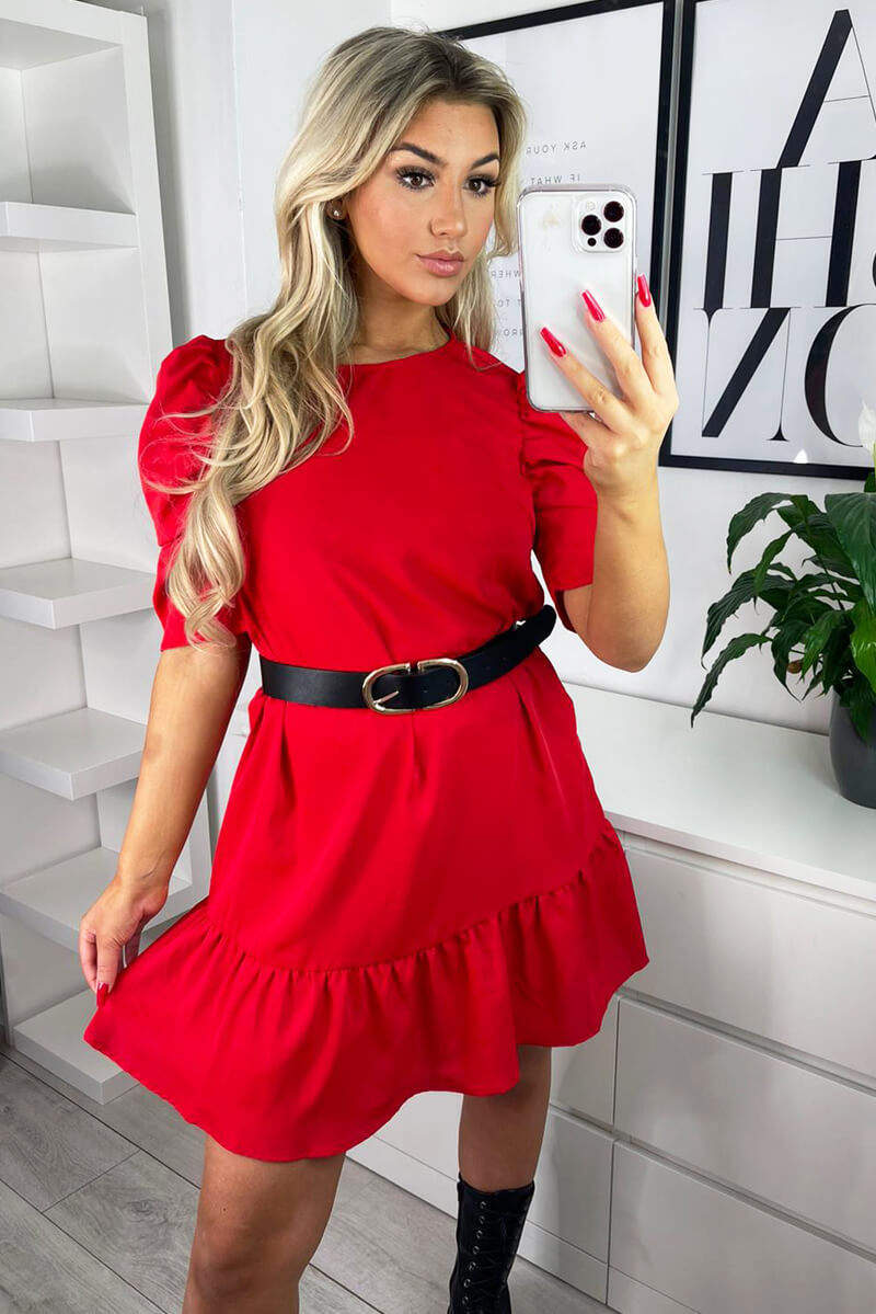 Red Ruffle Sleeve Shift Dress