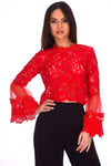 Red Sheer Lace Long Sleeve Top