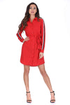 Red Shirt Dress With Stripe Detail And Tie Waist