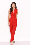 Red Sleeveless Jumpsuit with Military Buttons