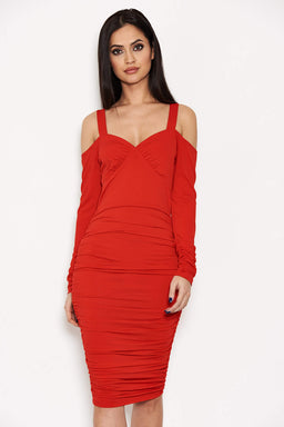 Red Slinky Ruched Cold Shoulder Dress