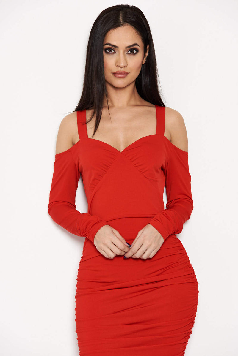 Red Slinky Ruched Cold Shoulder Dress